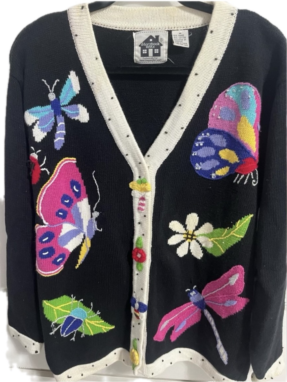 Storybook knits vintage HSN butterfly, dragonfly bug flower cardigan sweater